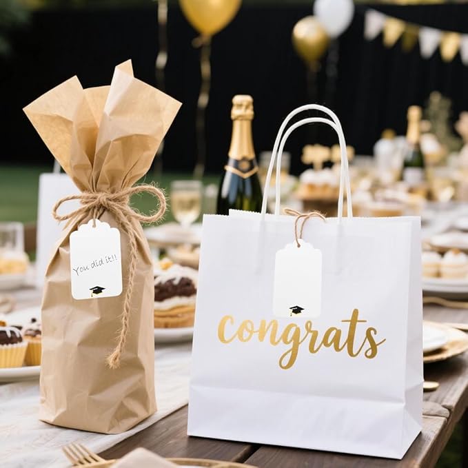 ASYEHJNR 100Pcs Blank Gift Tags with String Foil Black Gold Grad Cap Large Paper Gift Tags with 65 Ft Jute Twine for Congratulations Graduation Congrats Grad Class of 2025 Party