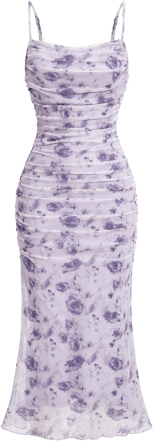 GORGLITTER Women's Floral Ruched Bodycon Midi Dress Mesh Sleeveless Fishtail Cami Dresses
