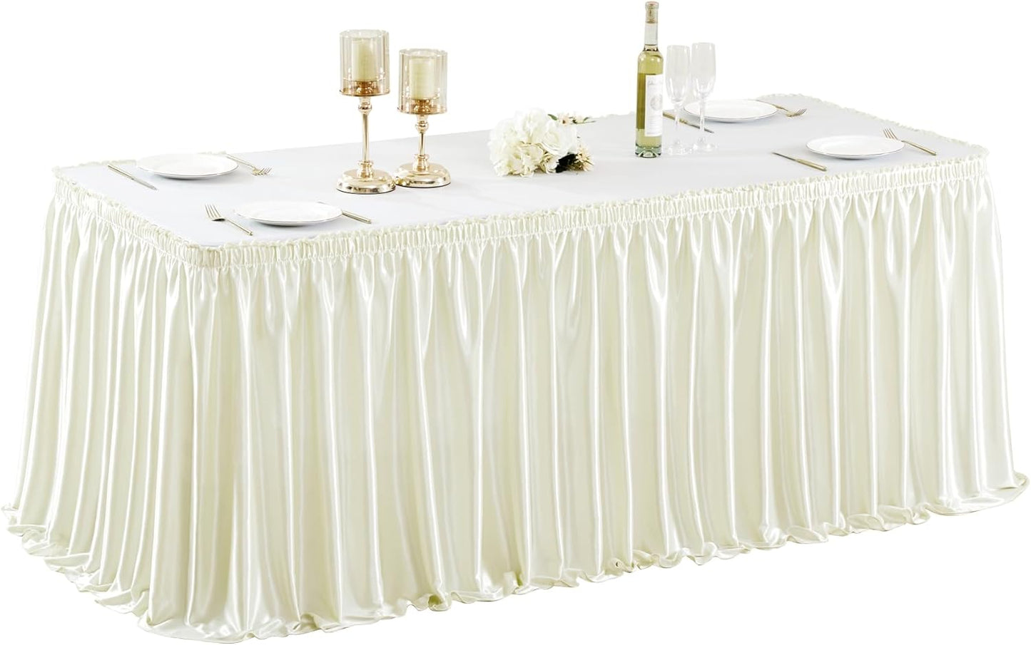 Wish Care 6ft Ivory Satin Table Skirt for Rectangle Tables Wrinkle Free Glitter Desk Skirts Pleated Ruffle Table Cloth for Wedding Birthday Baby Shower Party Banquet Cake Teacher Table Decorations