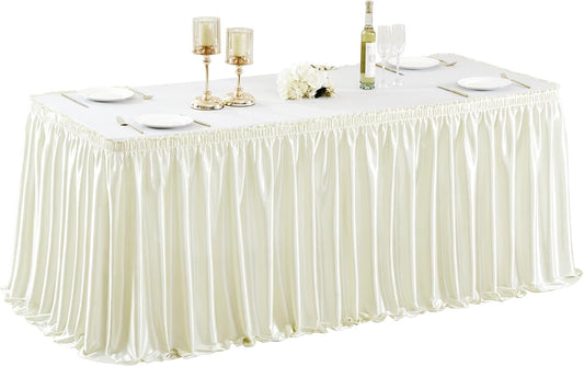 Wish Care 6ft Ivory Satin Table Skirt for Rectangle Tables Wrinkle Free Glitter Desk Skirts Pleated Ruffle Table Cloth for Wedding Birthday Baby Shower Party Banquet Cake Teacher Table Decorations