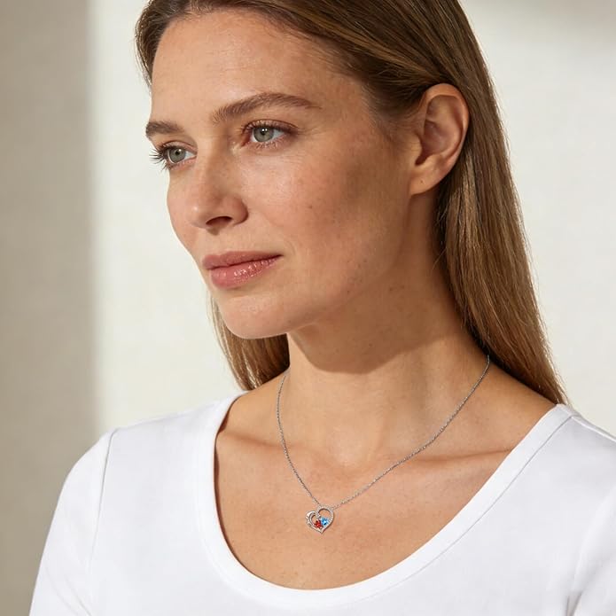 Double Birthstone Heart Necklace 0.8CT Dual-Gemstone S925 Sterling Silver Plated White Gold Engraved I Love You Perfect Anniversary/Valentine's Day Gift for Wife/Girlfriend/Mom/Daughter