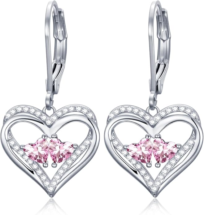 Valentines Day Gifts for Women, Heart Leverback Earrings Double Birthstone Dangle Earrings for Women, Love Jewelry for Her, Anniversary Birthday Gift for Mom Wife Girlfriend
