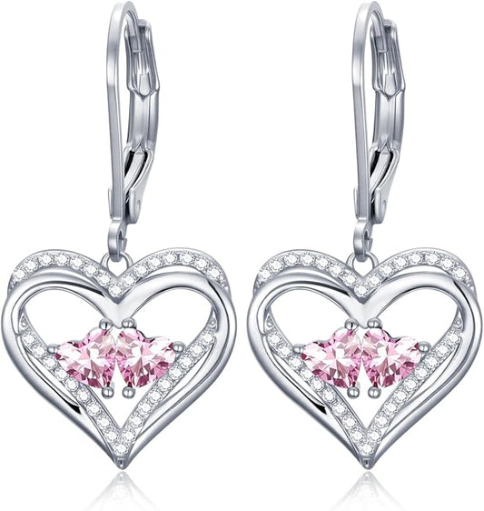 Valentines Day Gifts for Women, Heart Leverback Earrings Double Birthstone Dangle Earrings for Women, Love Jewelry for Her, Anniversary Birthday Gift for Mom Wife Girlfriend