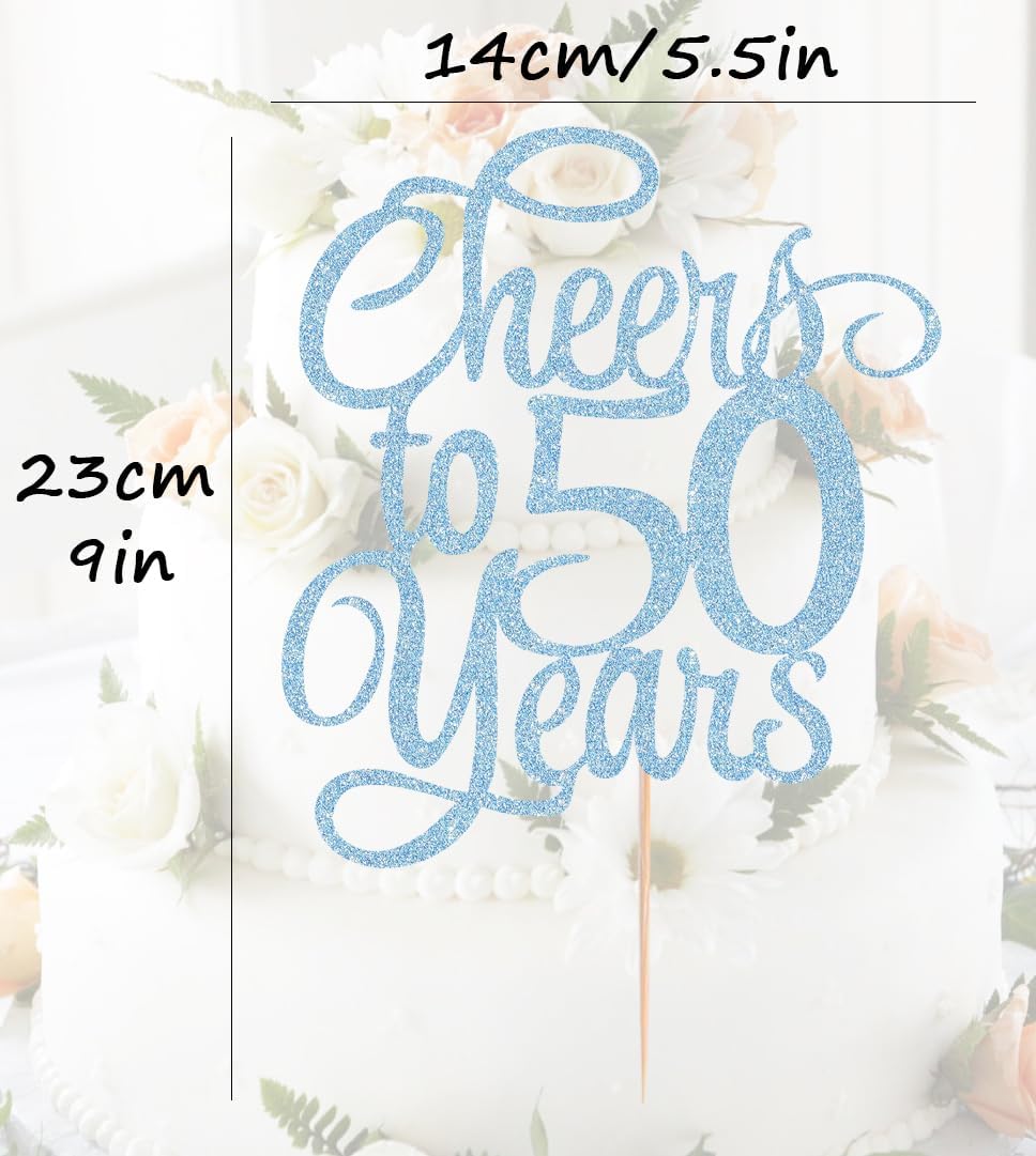 Cheers to 50 Years Cake Topper - Light Blue Glitter 50th Birthday Cake Decorating Supplies, Perfect for 50th Anniversary or Fifty Birthday Party, Photo Booth Props
