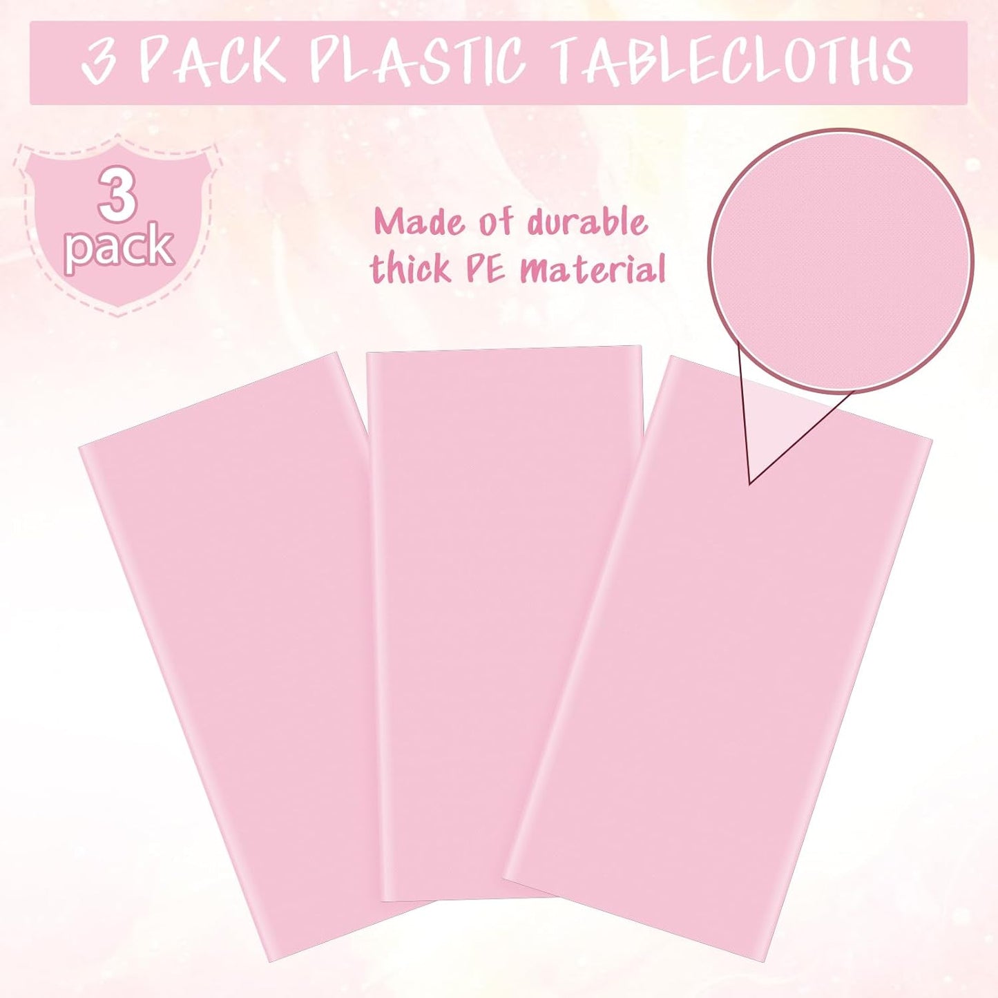 3Pcs Light Pink Tablecloth,Disposable Plastic Tablecloths,Waterproof Pink Rectangle Table Cover for Graduation Birthdays Weddings Anniversary Party Decorations,54 x 108 Inch