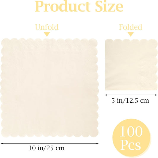 100 Pcs Cocktail Napkins, 2-Ply 5 x 5 Inches Disposable Scalloped Napkins, Thick Premium Dessert Napkins for Party, Wedding, Dinner, Birthday, Anniversary, Festival (Milky-White)