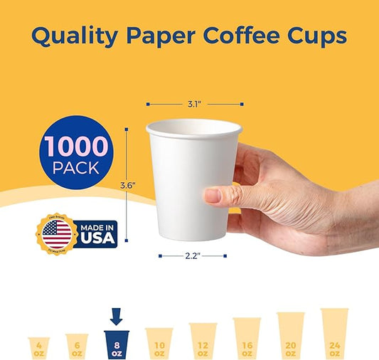 Fit Meal Prep 1000 Pack 8 oz Disposable Paper Coffee Cups, Premium White Hot Cups for Hot/Cold Beverage, Durable Thickened Paper Cup Bulk for Party, Office, Bussines, Home, Bistros, Events