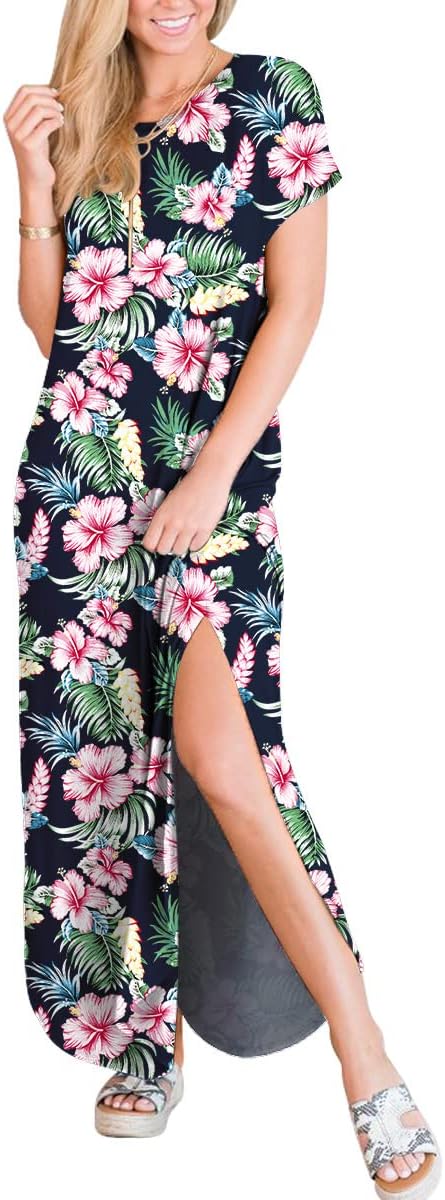 ANRABESS Womens Summer Maxi Dress Short Sleeve Casual Loose Long T Shirt Dresses Split Vacation Beach Sundress Travel Outfits