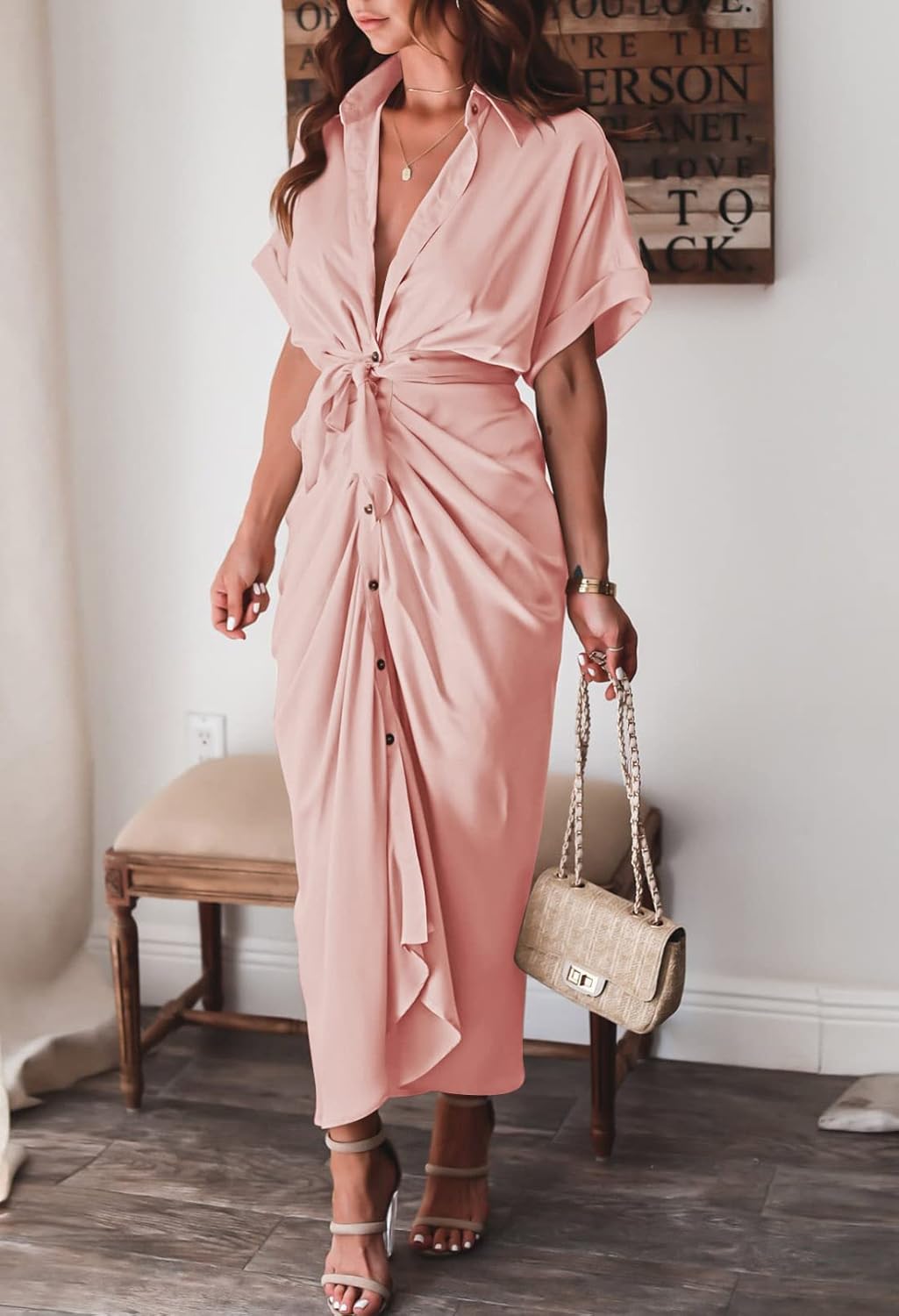 Women Elegant Satin Button Down Short Sleeve Maxi Shirt Dress with Belt