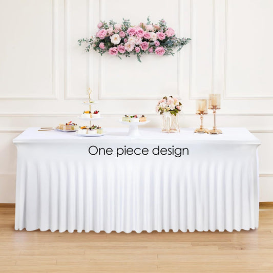 Table Skirt for 6ft Tables Spandex White Table Cover with Skirt Stretchy Tablecloth Wrinkle-Resistant Ruffles Elastic Tablecovers for Wedding, Banquet, Birthday Parties