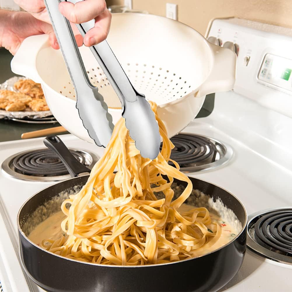 2 Pack Serving Tongs Serving Utensils Salad Tongs Metal Buffet Tongs Non-slip & Easy Grip Stainless Steel Plated Buffet Serving Tongs, Salad, Ice, Oven (9.5 Inch) (Silver)