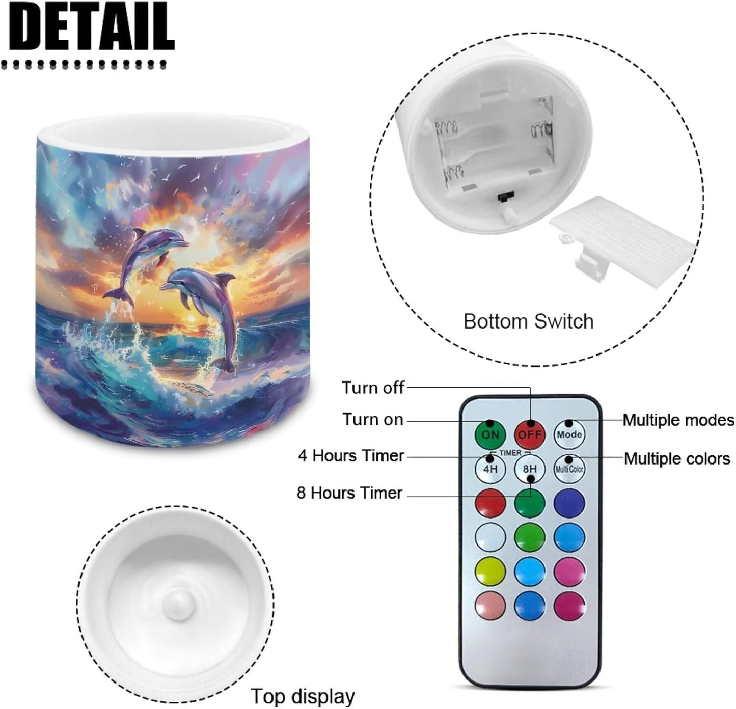 Poceacles 4 Pack Flameless LED Candles Remote Control Flickering LED Pillar Candles Battery Operated, Timer Multi-Color Options Tea Lights for Party Dinner Event Decor, Dolphin Sunset Print
