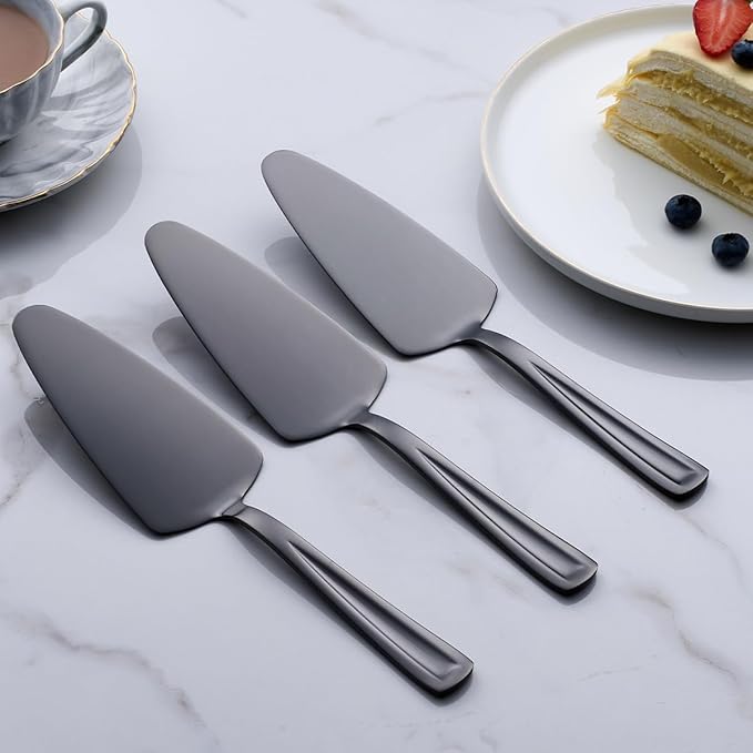 Black Pie Cake Server Set, GoGeiLi 9.3-inch Stainless Steel Dessert Server Spatula for Pizza, Pastry, Cheese, Set of 3, Dishwasher Safe