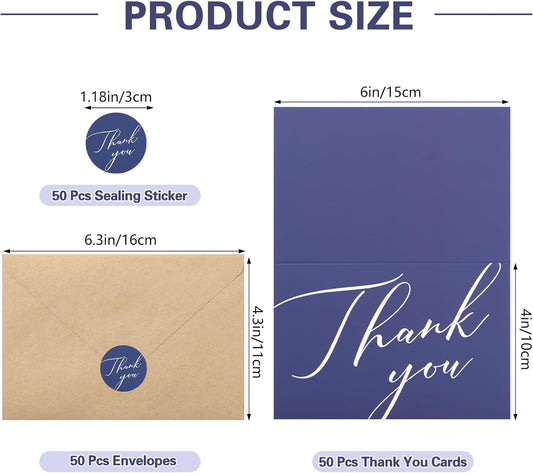 50 Pack Thank You Cards with Envelopes, 4x6 Inch Thank You Cards Bulk Blank Notes Card with Envelopes & Stickers for Wedding, Baby Shower, Bridal Shower, Birthday, Thanksgiving, Christmas
