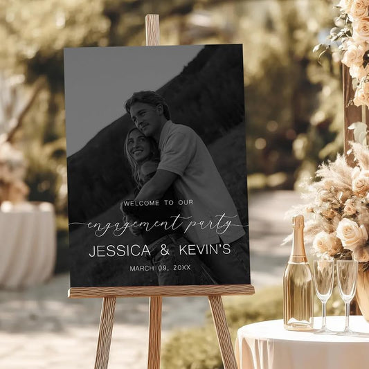 Black & White Photo Engagement Party Welcome Sign - Modern & Romantic Decor with Custom Photo