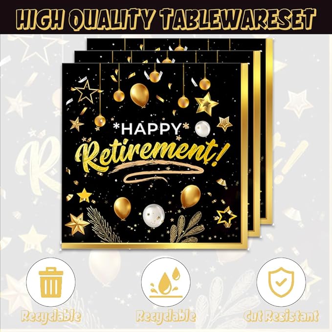 40pcs Retirement Party Tableware Set Happy Retirement Supplies Black and Golden Retirement Party Dessert Plates Napkins for 20 Guests Retirement Party Favors