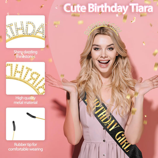 Birthday Sash Birthday Crown for Women, Birthday Girl Sash, Birthday Girl Crown, Glitter Black Birthday Sash and Crown Rhinestone Headband Set, Happy Birthday Girl Princess Tiara Sash Accessories