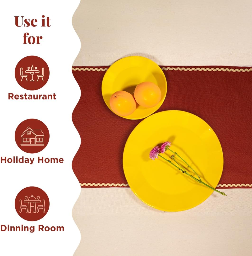 Folkulture Table Runner 72 Inches Long | Rick Rack Embroidered Runner for Home Decor | 100% Cotton Long Table-Runner for Christmas Decor | Burnt Orange & Beige | Wash Friendly