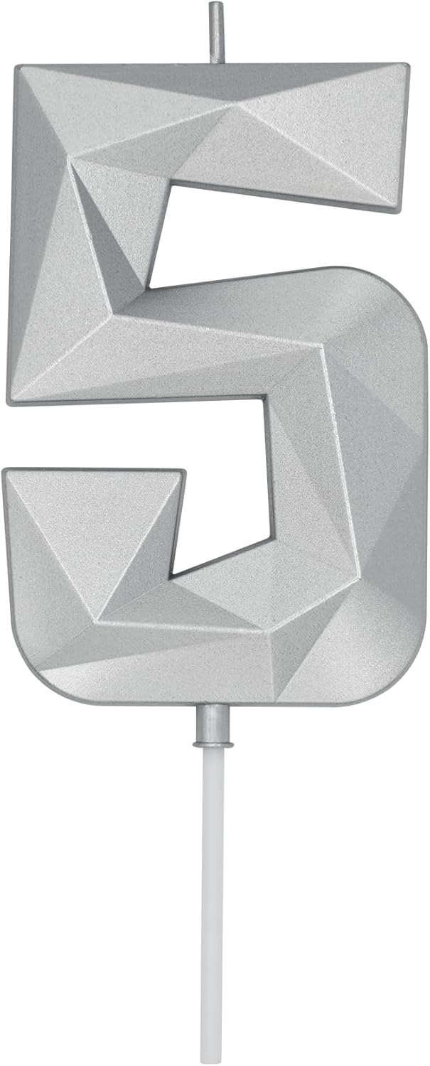 DERVENTA Birthday Candle Big Number 3D Silver 3.7 inch Party Celebration Anniversary Decoration Cake Topper 1 Piece (Number 5 Silver)