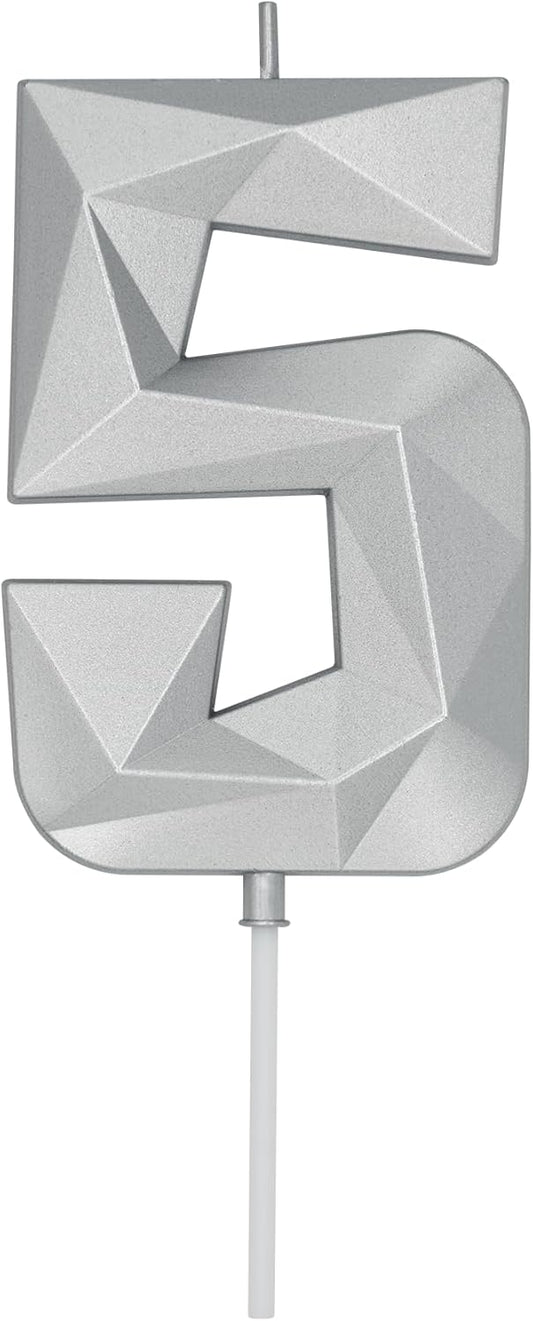 DERVENTA Birthday Candle Big Number 3D Silver 3.7 inch Party Celebration Anniversary Decoration Cake Topper 1 Piece (Number 5 Silver)