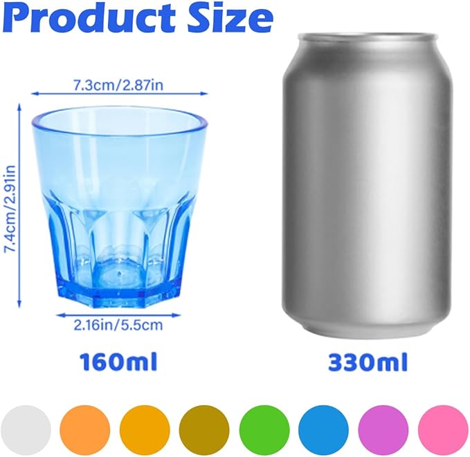 Plastic Drinking Glasses Set of 8, Unbreakable Coloured Water Tumbler, Acrylic Plastic Cups, Reusable Kids Drinking Cups for Children Kitchen Picnic Party Juice Whiskey Wine (8pc-8color-160ml/5.4oz)