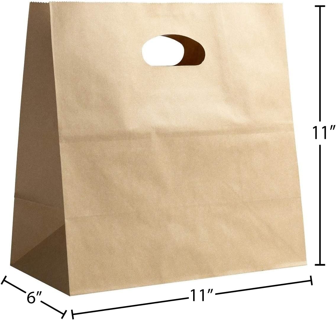 Natural Brown Kraft Paper Bags with Reinforced Handles - Sturdy Die Cut Tote Bag for Baby Shower, Gift, Food Service, Shopping, Small Business, Takeout, Bakery, Restaurants - 11" x 6" x 11", 100 Pack