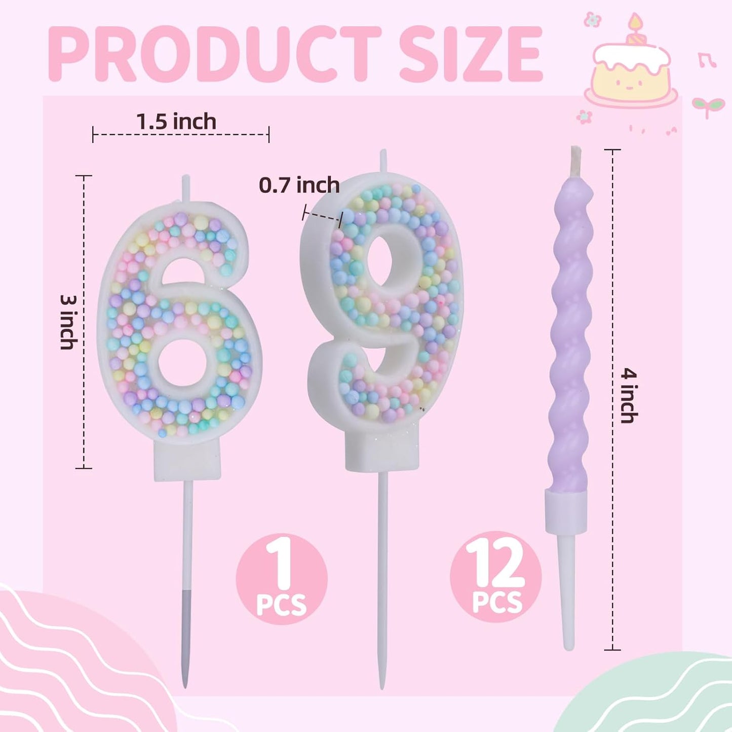Number 6 Birthday Candles for Cake with 17 Pieces Spiral Candles with Macaron Pastel Rainbow Pink Cake Toppers for Girls Happy Birthday Party Decorations