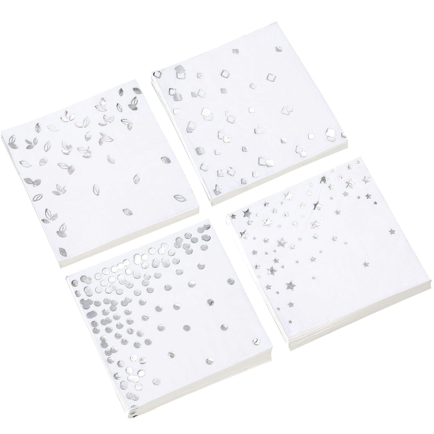 100 PK Silver Napkins - 4 Assorted Designs - 3-Ply Cocktail Napkins Folded 5 x 5 Inches Bar Napkins Disposable Party Napkins Paper Napkins Beverage for Wedding Bridal Baby Shower Birthday