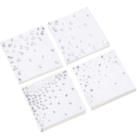 100 PK Silver Napkins - 4 Assorted Designs - 3-Ply Cocktail Napkins Folded 5 x 5 Inches Bar Napkins Disposable Party Napkins Paper Napkins Beverage for Wedding Bridal Baby Shower Birthday