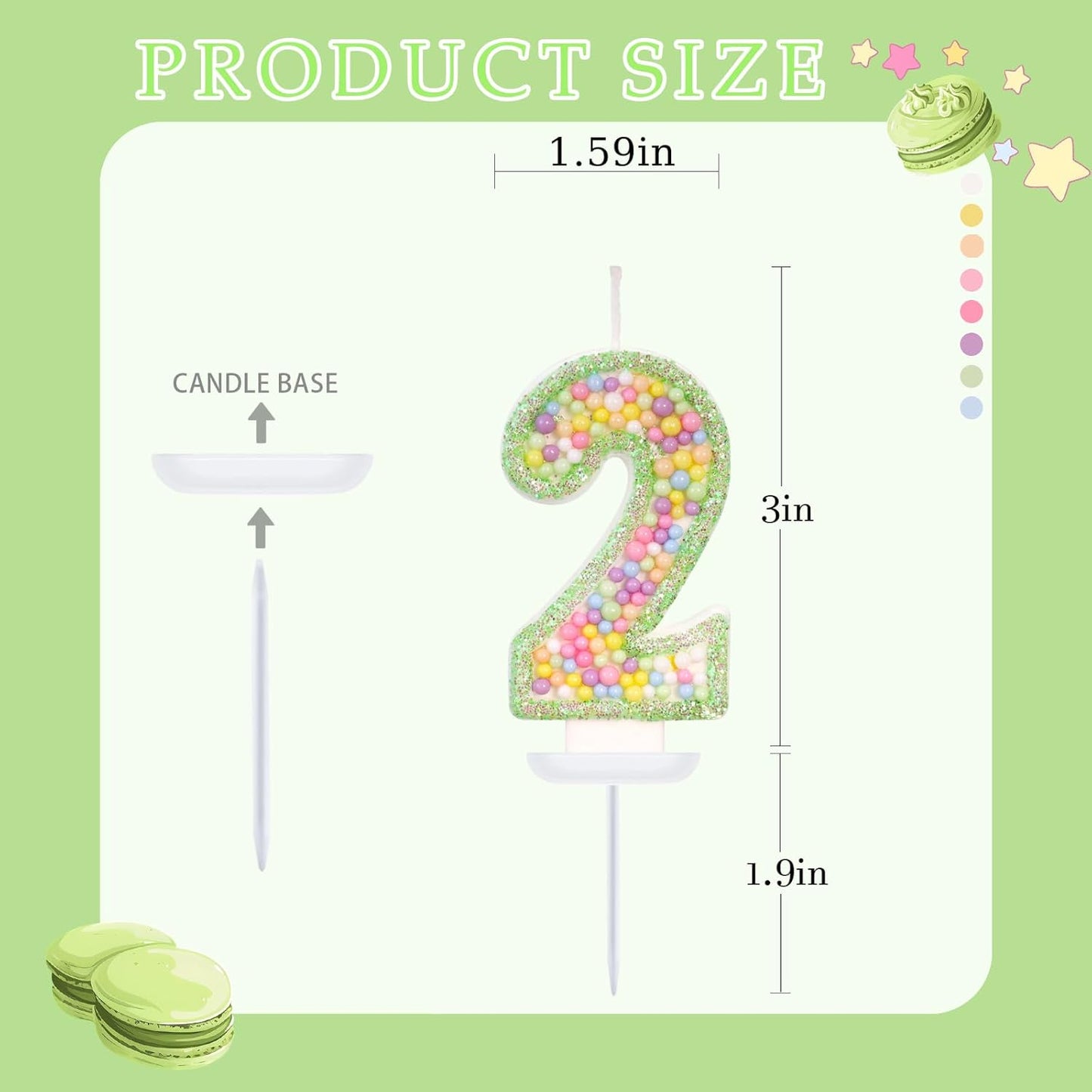 Birthday Candles - Number 2 Candle, Colorful Macaron Candles for Boys/Girls, Green Cake Decorations, Dinosaur Themed Party Supplies