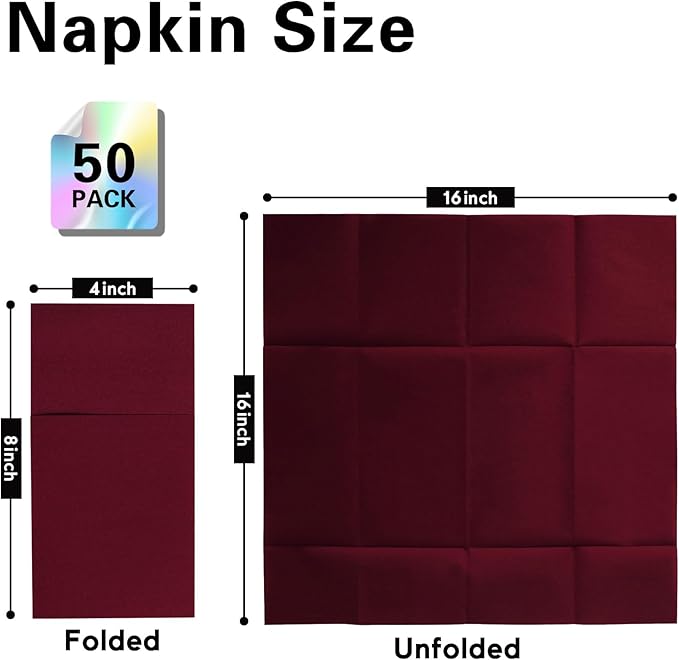 Dark Burgundy Napkins Hand Towels Disposable, Linen-Feel Dinner Napkins with Prefolded Built-in Flatware Pocket, Guest Paper Hand Towels For Wedding, Dinner Or Party (16x16in, 50Pack）
