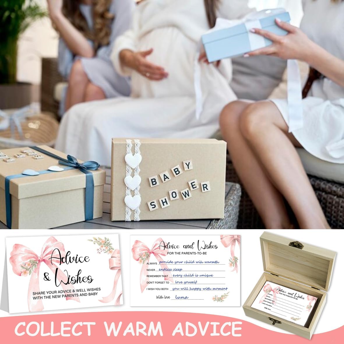 50Pcs Pink Bow Baby Shower Advice Cards for Baby Shower Games, Bow Advice and Wish Cards Box for New Parents Baby Shower Decorations Girl（Bow)