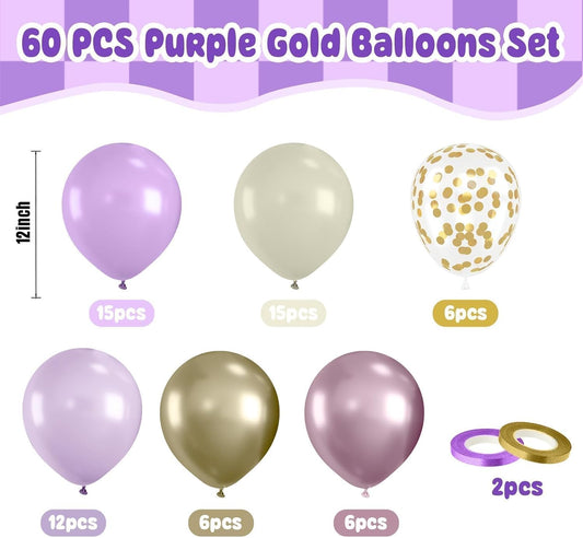 Paready 60pcs Metallic Gold Purple Balloons Set, 12 Inch Pastel Purple Champagne Gold White Confetti Balloons for Lavender Boho Birthday Bridal Shower Bachelorette Party Supply