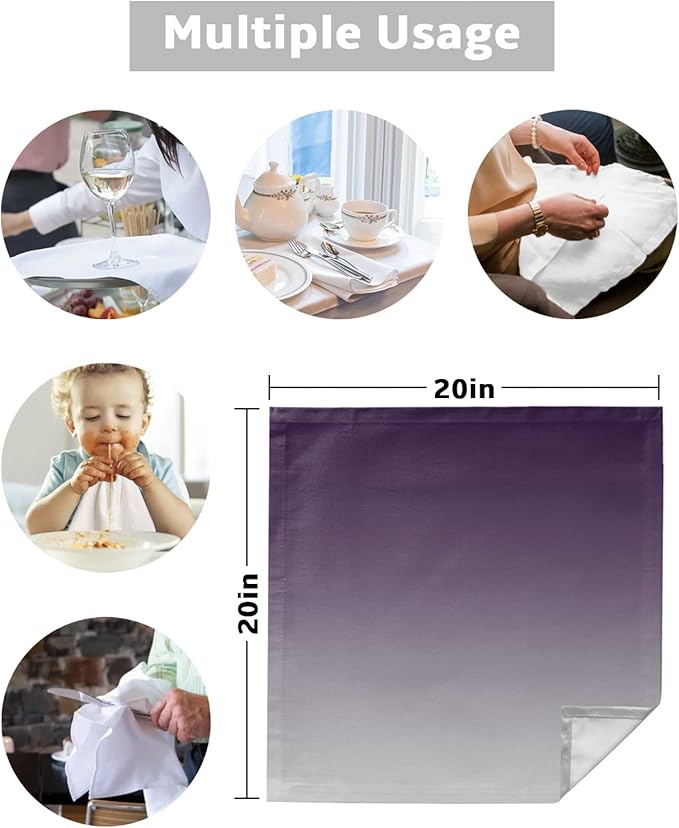 Cloth Napkins Purple and Grey Ombre Set of 8 Dinner Napkins Paper Soft Durable Washable Table Napkin Gradient Gradual Color Reusable Napkins for Family Dinners Weddings and Everyday Use 20x20 Inch