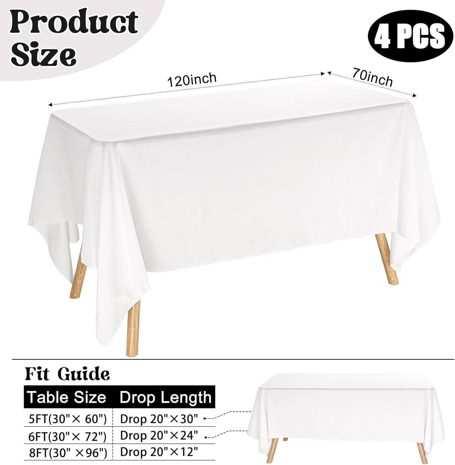 4 Pack Rectangle Tablecloth for 6 Foot Tables Washable Polyester Table Cover for Wedding Dining Table Parties Banquet（70x120 White）
