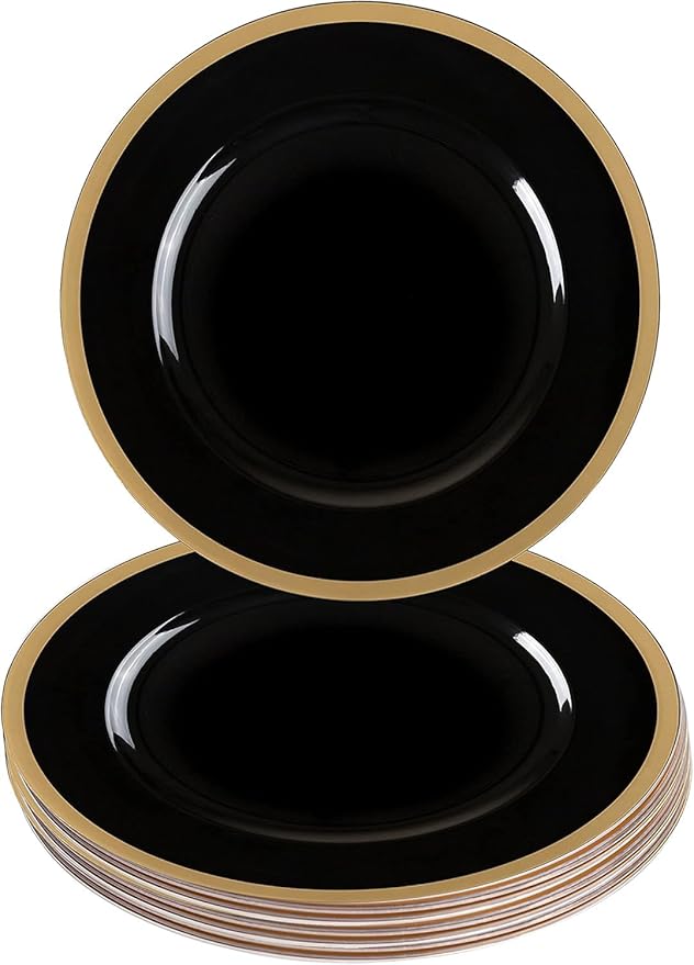 PARTY BARGAINS 13-Inch Charger Plates - 8 Pack, Black Gold Rim, Heavy-Duty Disposable Chargers for Elegant Dining - Ideal for Weddings and Formal Events
