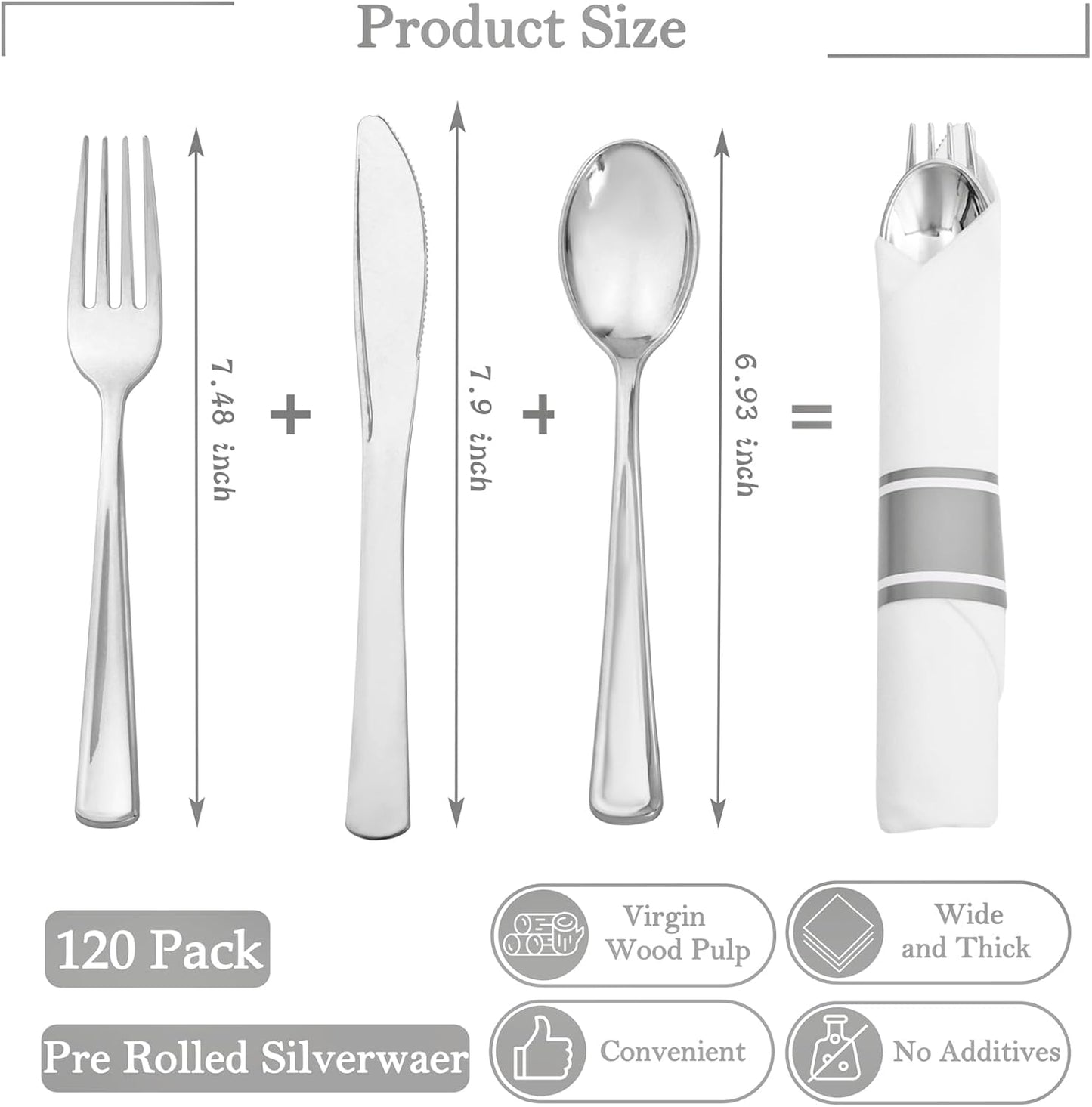 Supernal Pre Rolled Silver Plastic Silverware Set of 30 Wrapped Cutlery,Pre Rolled Napkins with Plastic Silverware Heavy Duty, Silver Disposable Forks and Spoons