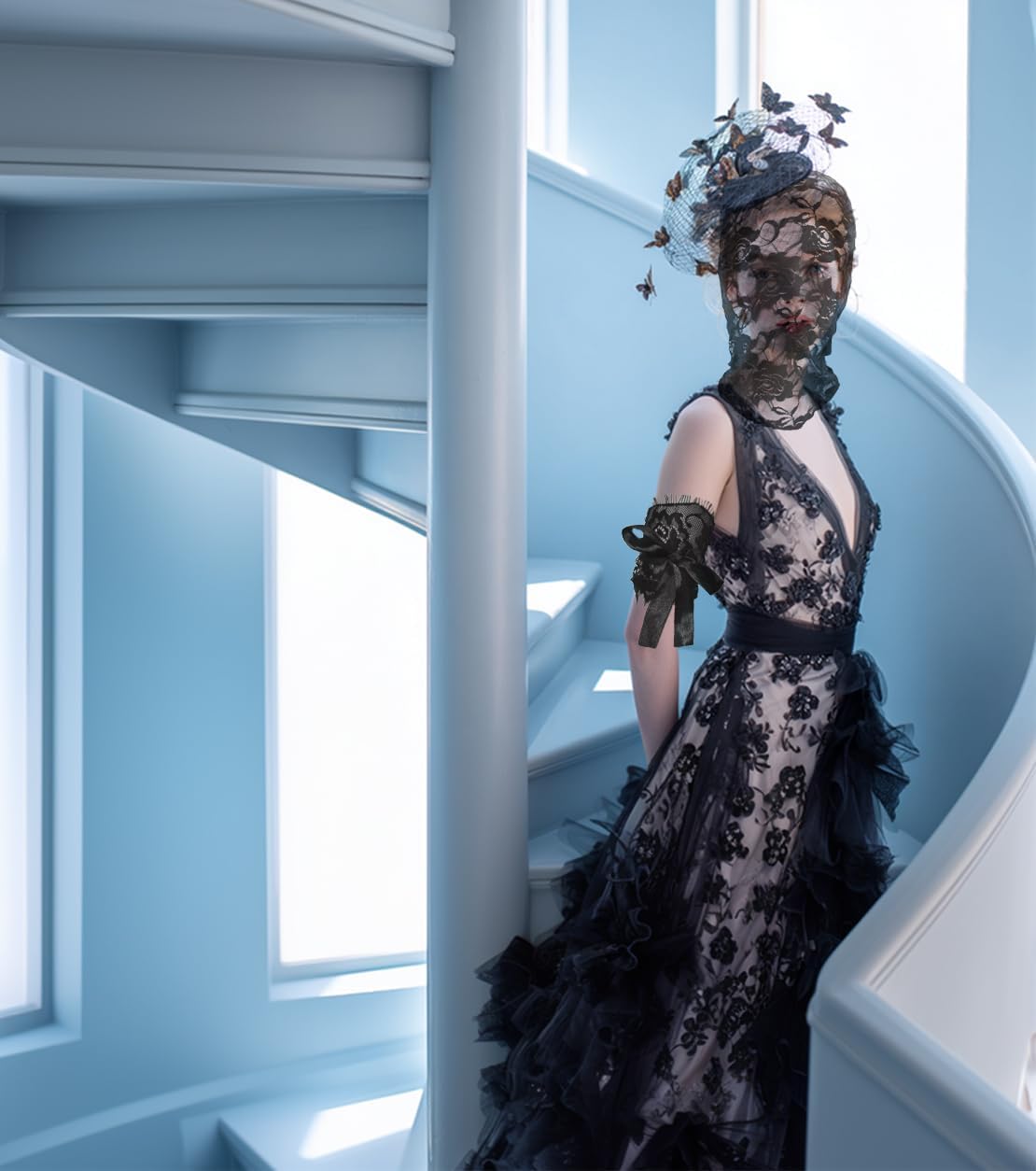 Floral Lace Full Face Mask, Wrist Cuff, Hair Bibbon for Photography Halloween Cosplay DIY Enthusiasts