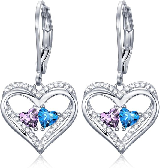 Valentines Day Gifts for Women, Heart Leverback Earrings Double Birthstone Dangle Earrings for Women, Love Jewelry for Her, Anniversary Birthday Gift for Mom Wife Girlfriend