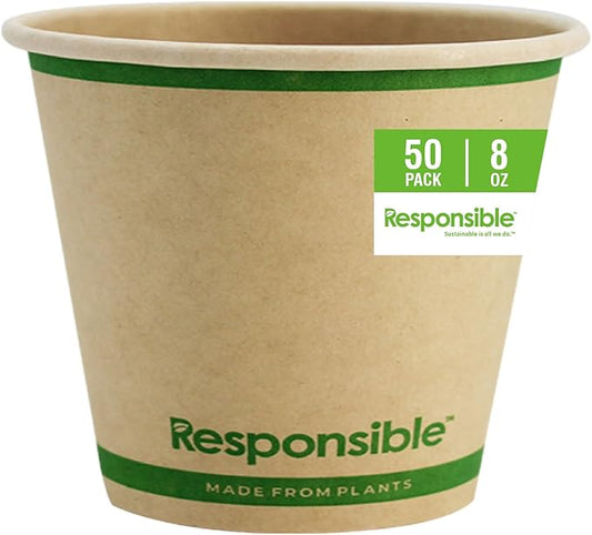 Responsible Products Certified Compostable 8 oz Paper Cups, Cold ＆ Hot Coffee Cups, Disposable Paper Cups, Extra Strength Disposable Cups, Made without PFAS (50 count)