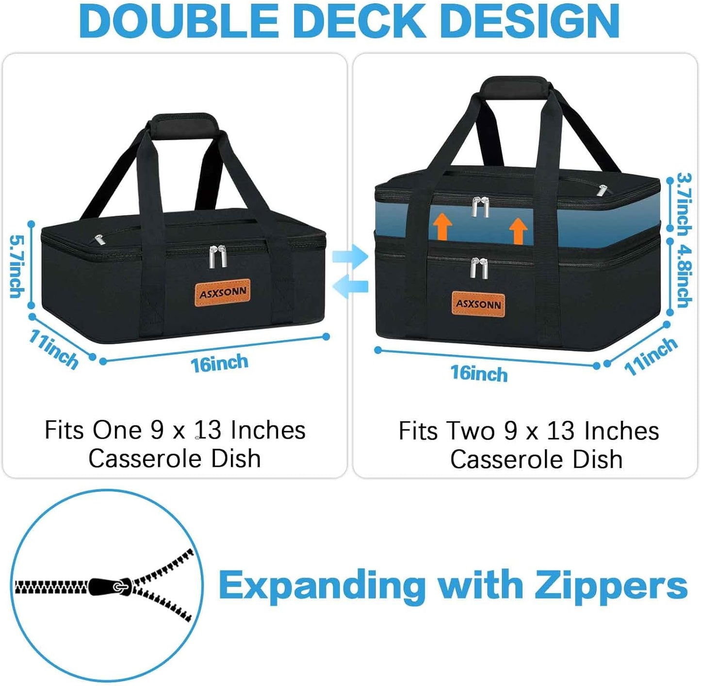 Double Decker Insulated Casserole Carrier for Hot or Cold Food, Expandable Insulated Food Carrier for Parties, Picnic, Beach, Fits 9"x13" Baking Dish (Black)