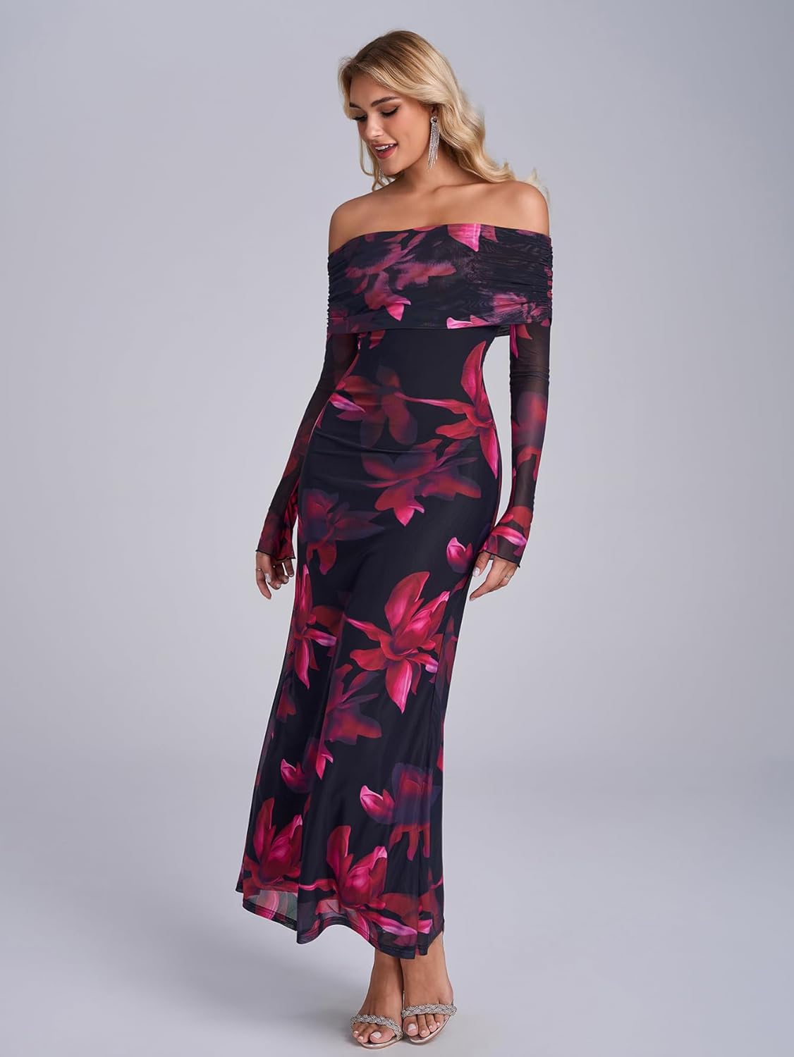 KUTUMAI Women Off Shoulder Bodycon Maxi Dress Long Sleeve Mesh Ruched Party Formal Wedding Guest Dresses