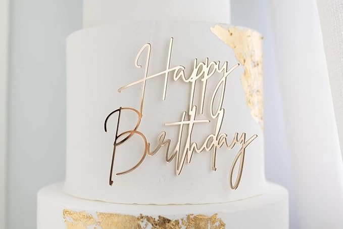 Happy Birthday Cake Topper,Gold Mirror Acrylic Happy Birthday Cake Sign Decorations,Happy Birthday Cake Charm Supplies for Birthday Party Cake Dessert