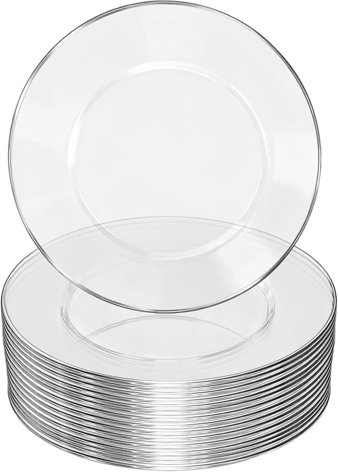 13 Inch Charger Plates, 16 Pack, Clear Charger Plates with Silver Rim, Heavy Duty Disposable Plastic Chargers for Dinner, Elegant Dining, Wedding, Party, Formal Event Decoration(16,Silver)