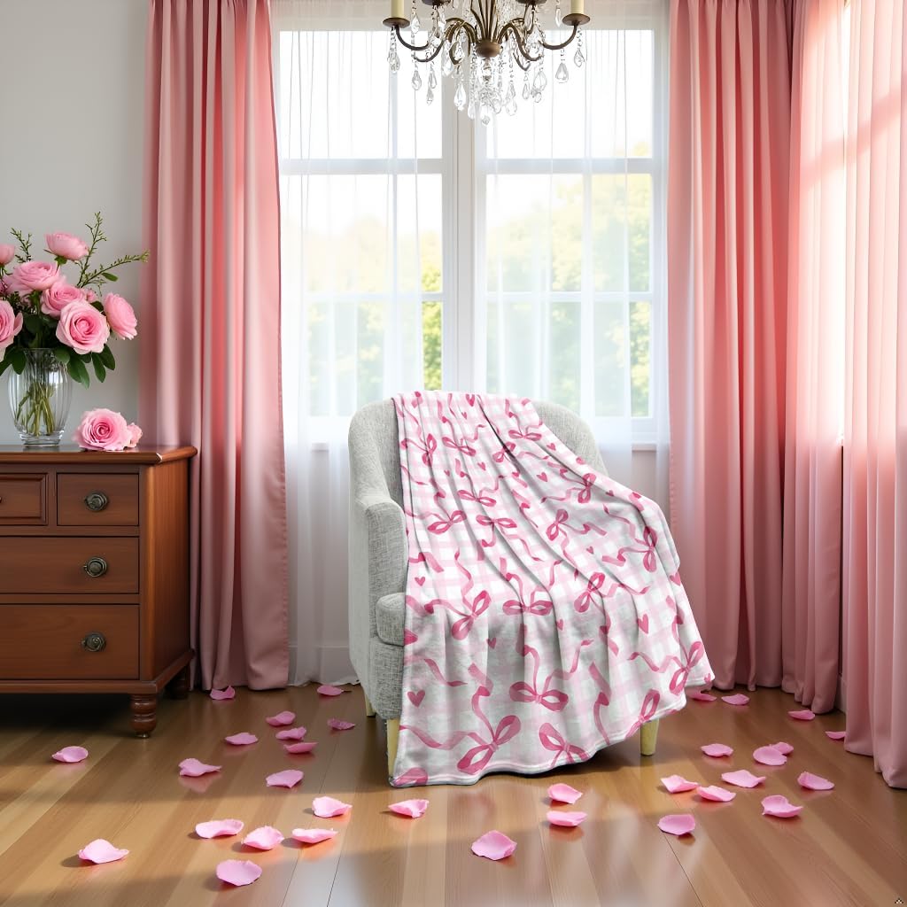 Jekeno Checkered Bow Throw Blanket Gifts for Women Girls Her, Bow Themed Birthday Party Decorations, Pink Soft Microfiber Blankets Bows Room Decor for Home Bed Couch