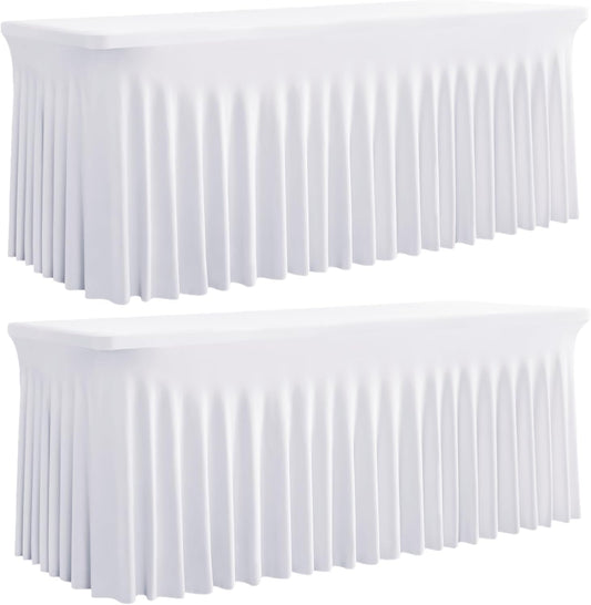 Outpain White Spandex Table Clothes for 8 Foot Rectangle Tables-2Pack 8FT Spandex Fitted Table Cover, Wrinkle Free Tablecloths with Skirt for Parties, Wedding, Birthday, Banquet, Festival