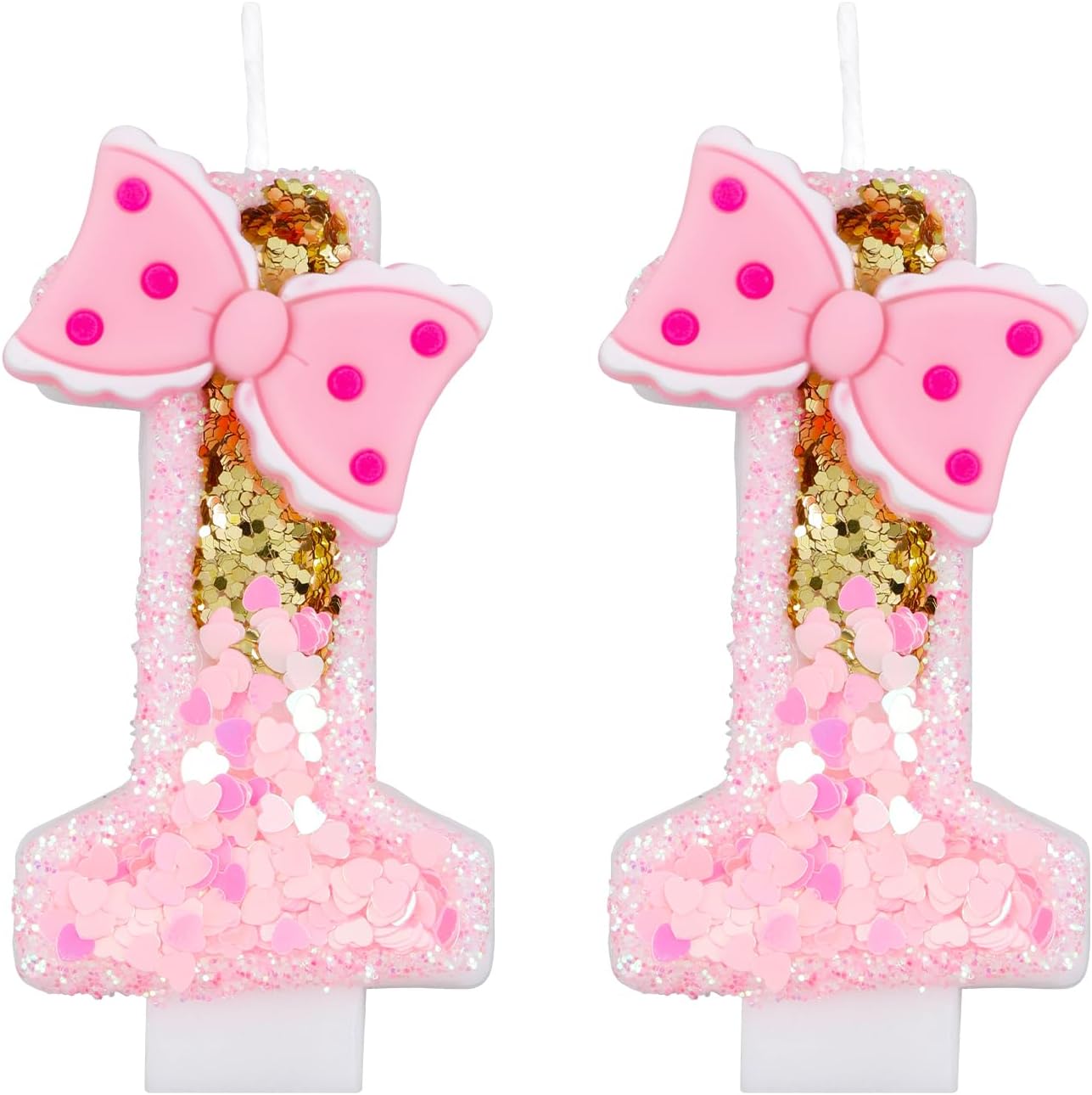 Girls' Pink 11th Birthday Candles with Gold Glitter Numbers and Bows - Perfect for Cake Decoration and Celebrations