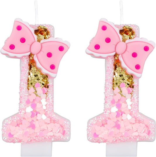 Girls' Pink 11th Birthday Candles with Gold Glitter Numbers and Bows - Perfect for Cake Decoration and Celebrations