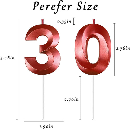 Red Number 30 Candles, 3D Diamond 2.76 Inch Cake Topper Birthday Candles for Wedding Anniversary Cake Decorations, Happy Birthday Party Decorations