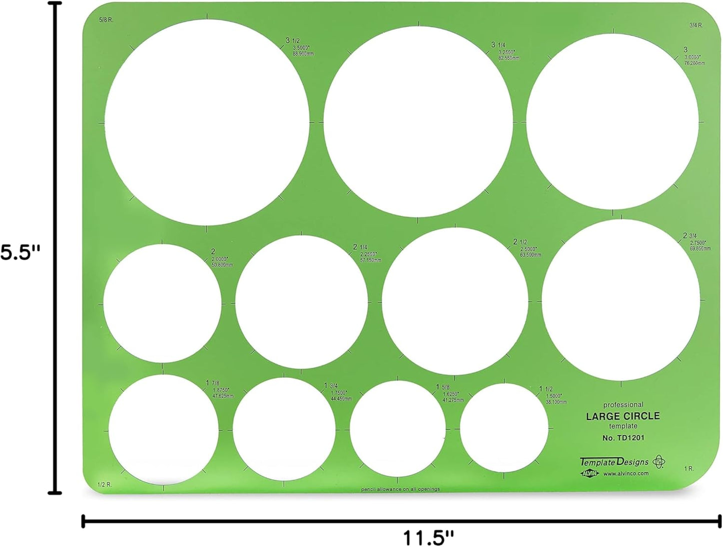 ALVIN, TD1201, Large Circles Guide Template, Drawing and Drafting Tool for Artists, Architects, Design and Drafting, 1.5" to 3.5" Scale